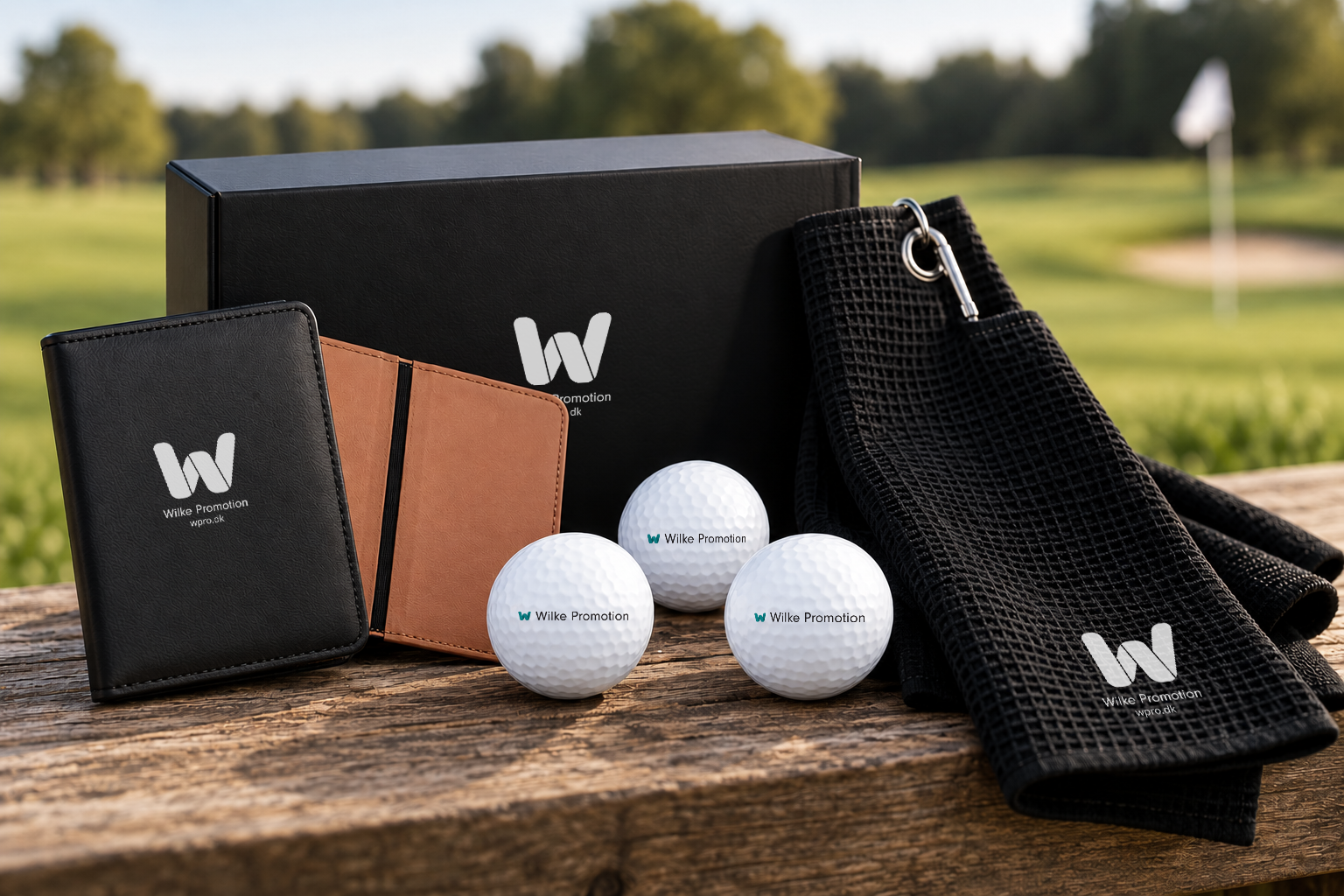 Kundegave med golfbolde, golfhåndklæde og scorekortetui med logo