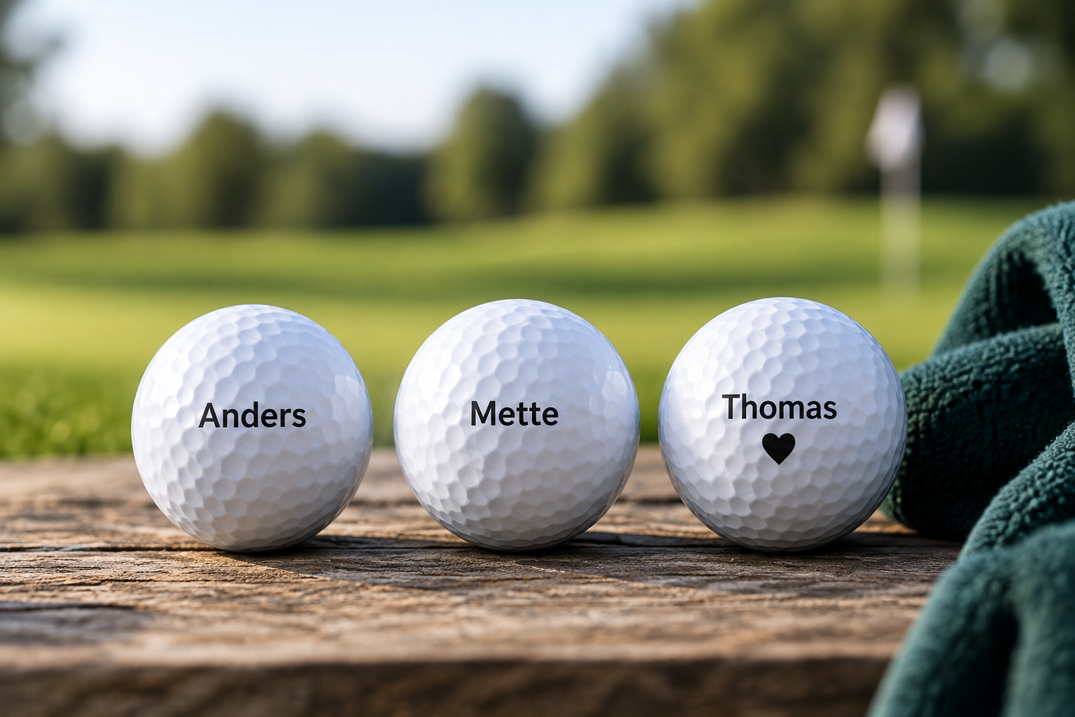 Tre golfbolde med navnene Anders, Mette og Thomas på et træbord