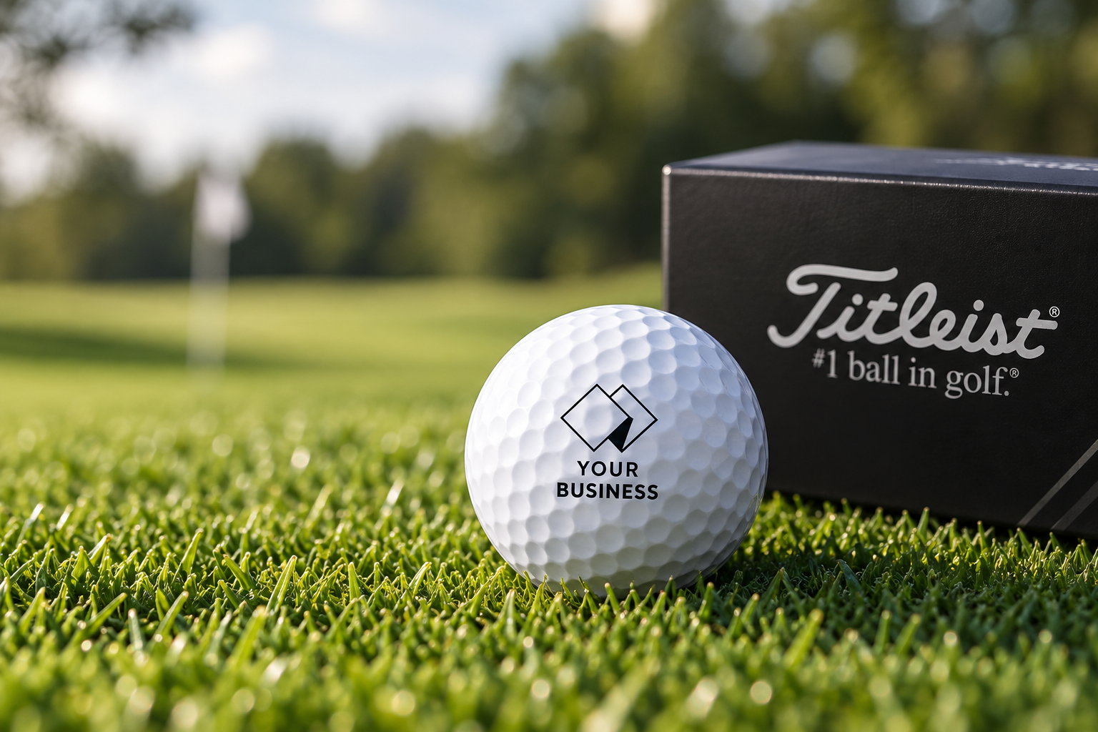 Titleist Pro V1 golfbold med firmalogo foran en Titleist-æske på græsset