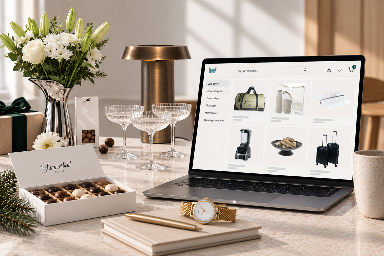 Bærbar computer der viser en gaveshop med firmalogo